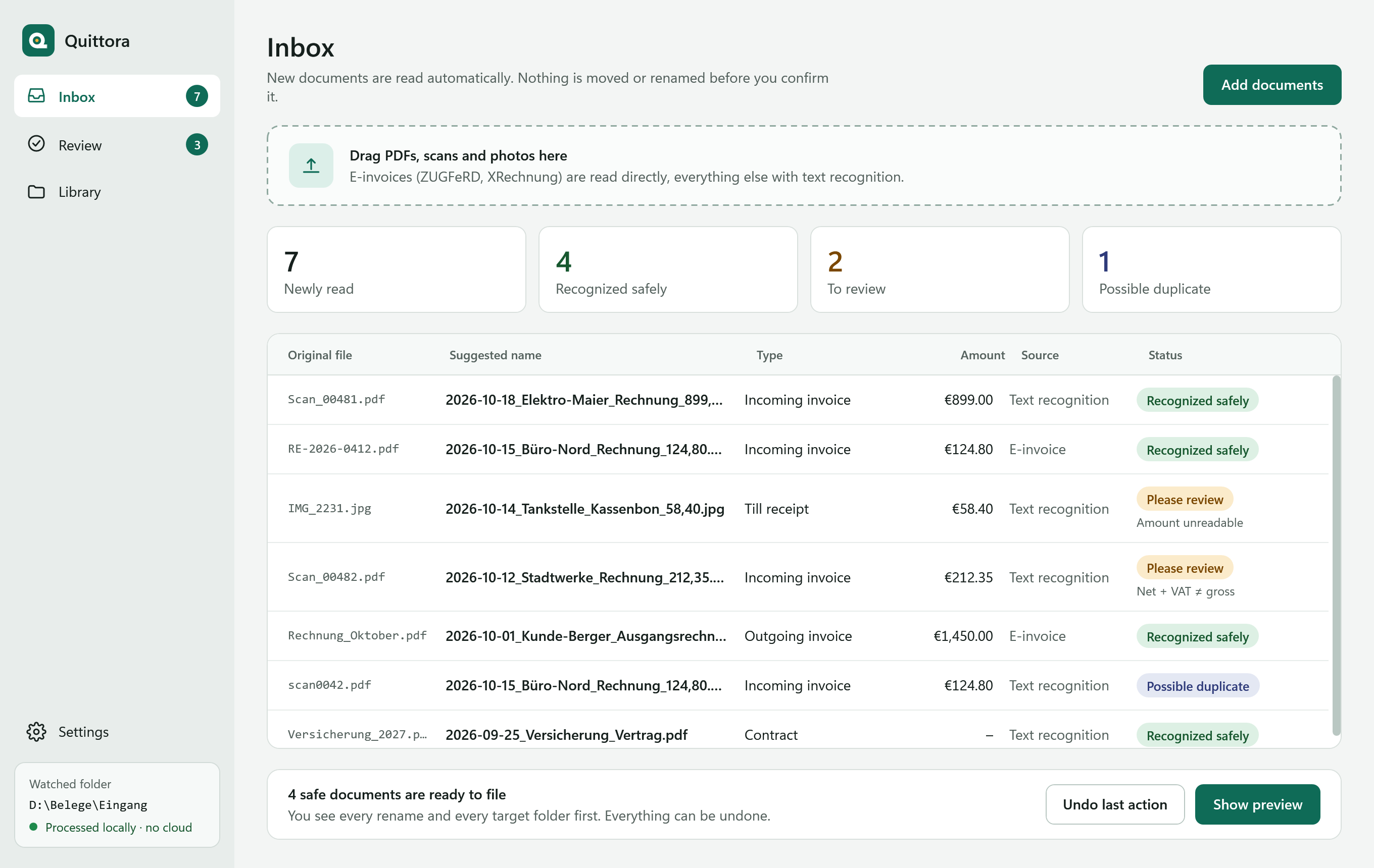 The Quittora inbox: seven newly read documents with original file, suggested name such as “2026-10-18_Elektro-Maier_Rechnung_899,00.pdf”, type, amount, source and the status “Recognized safely”, “Please review” or “Possible duplicate”.