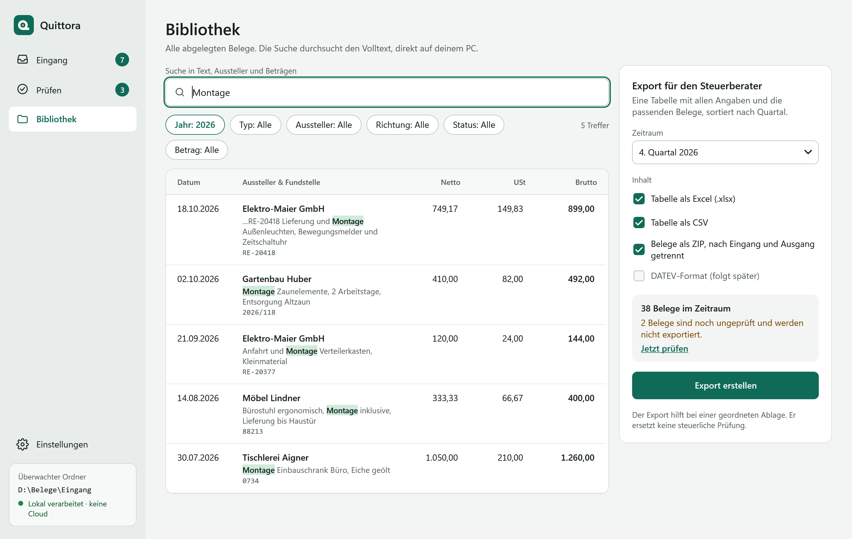 Die Bibliothek: Suche nach „Montage“ im Jahr 2026 mit fünf Treffern und hervorgehobener Fundstelle, Filter nach Jahr, Typ, Aussteller, Richtung, Status und Betrag, rechts der Export für den Steuerberater mit Excel, CSV und ZIP.