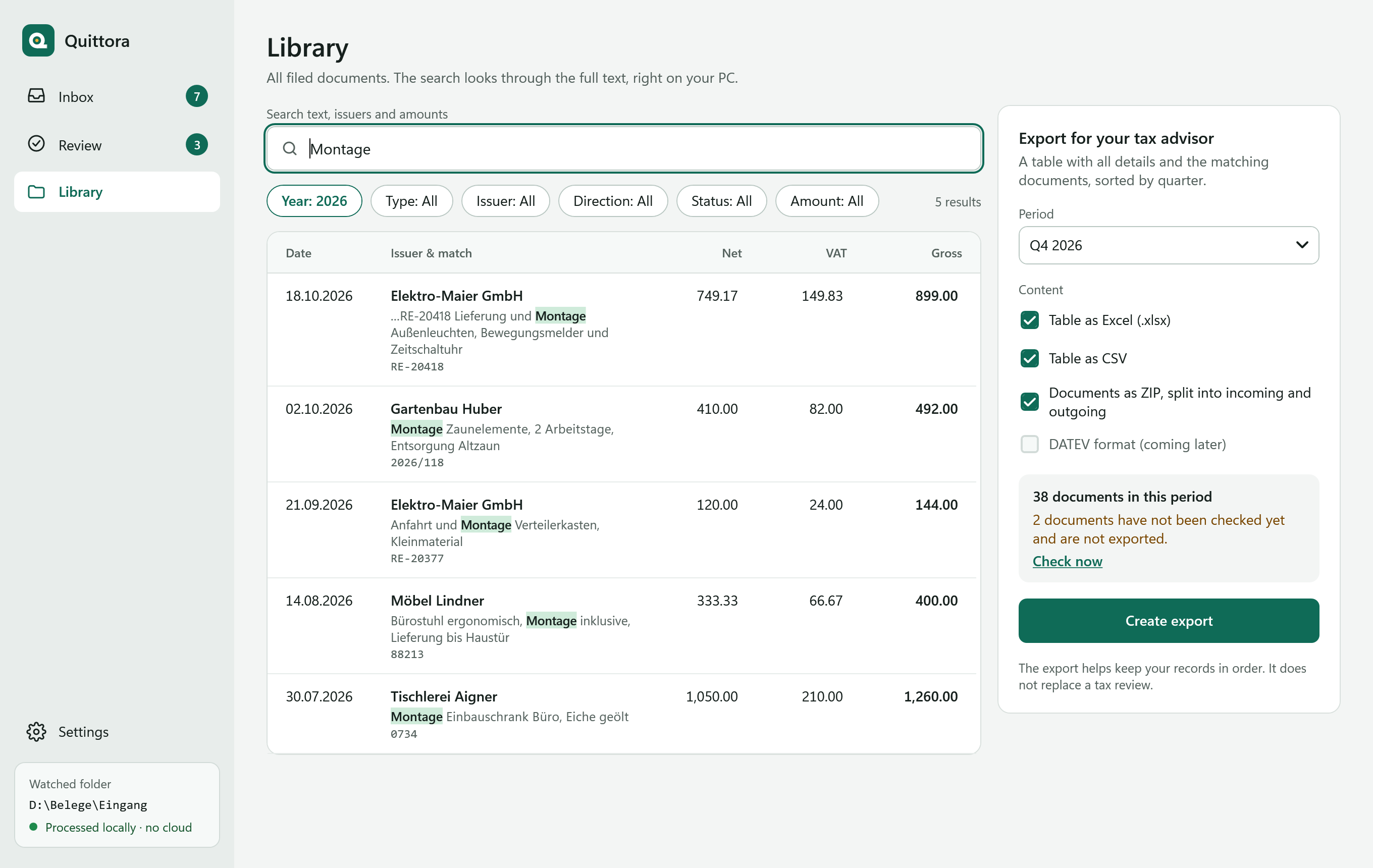 The library: a search for “Montage” in 2026 with five results and the match highlighted, filters for year, type, issuer, direction, status and amount, on the right the export for the tax advisor with Excel, CSV and ZIP.