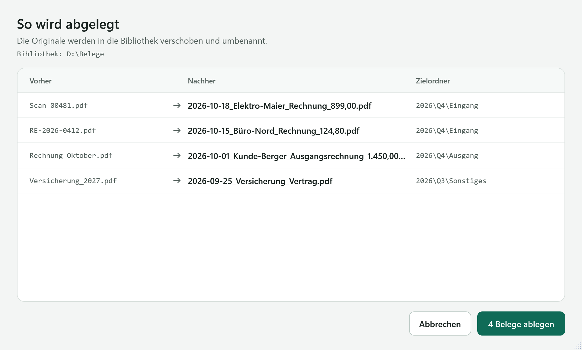 Die Vorschau vor dem Ablegen: Liste der Belege mit Originalname, neuem Namen und Zielordner, darunter der Knopf zum Ablegen.