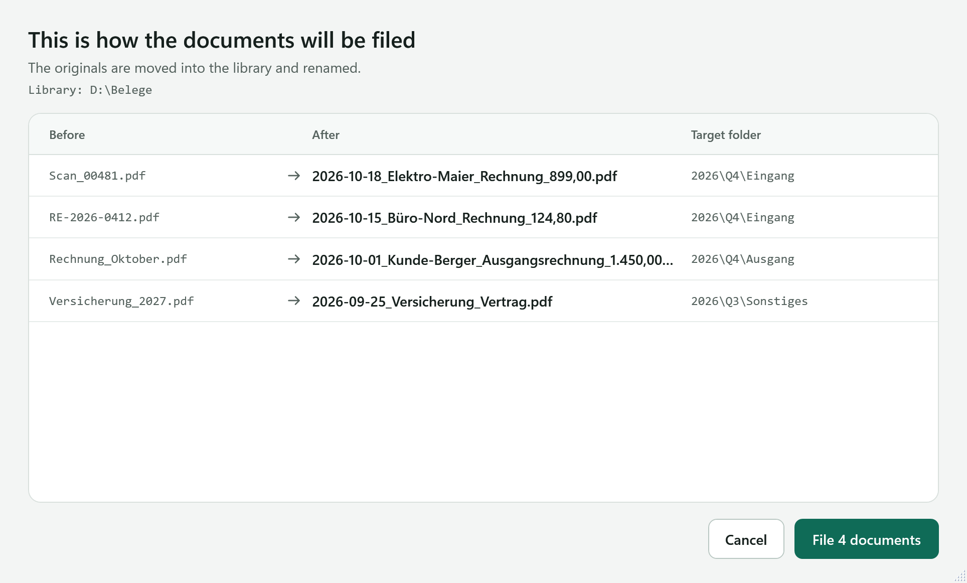 The preview before filing: list of documents with original name, new name and target folder, the button to file below.