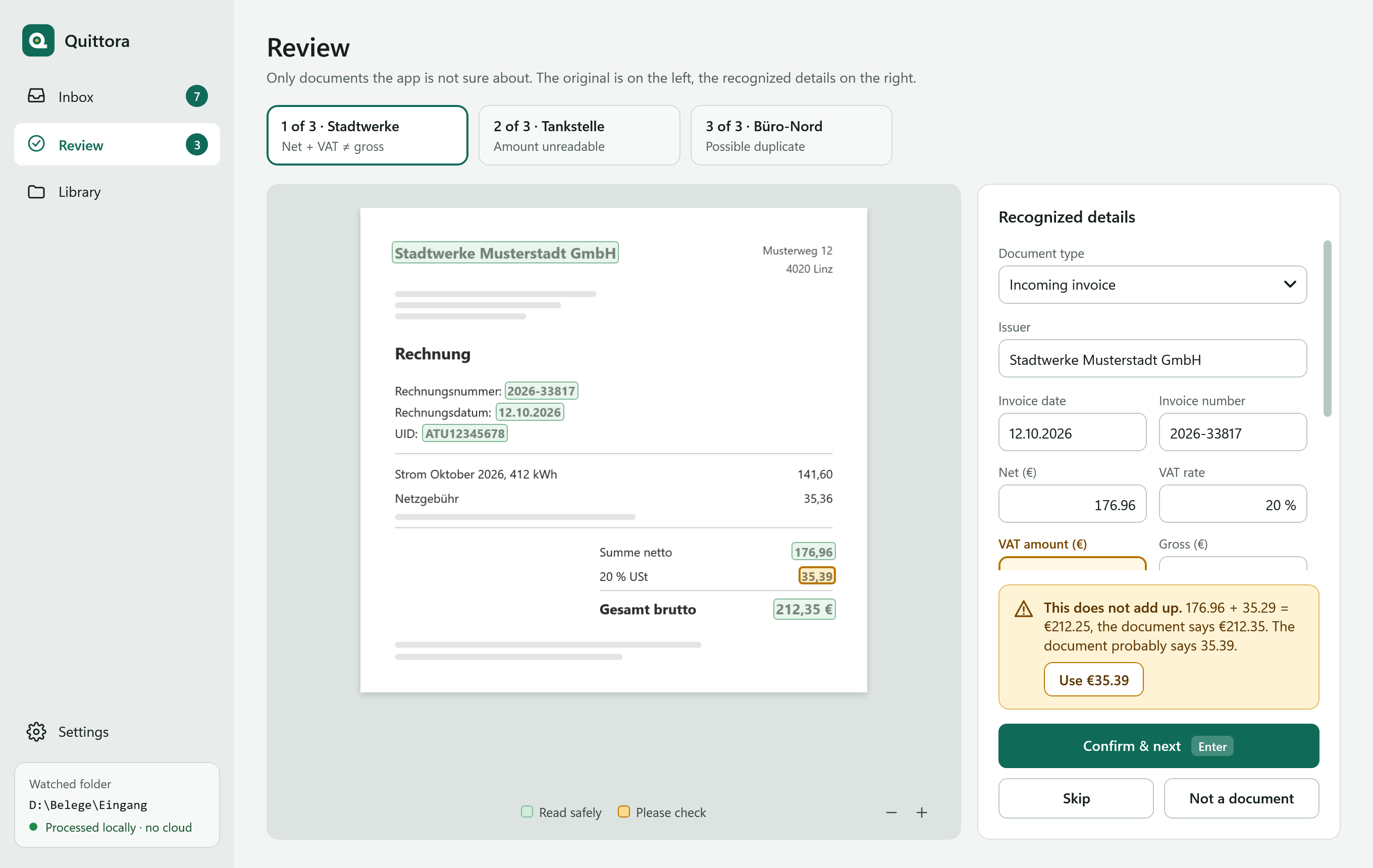 Review: on the left the original invoice with values marked in green and amber, on the right the fields with the note “Net + VAT ≠ gross” and the suggested correction.
