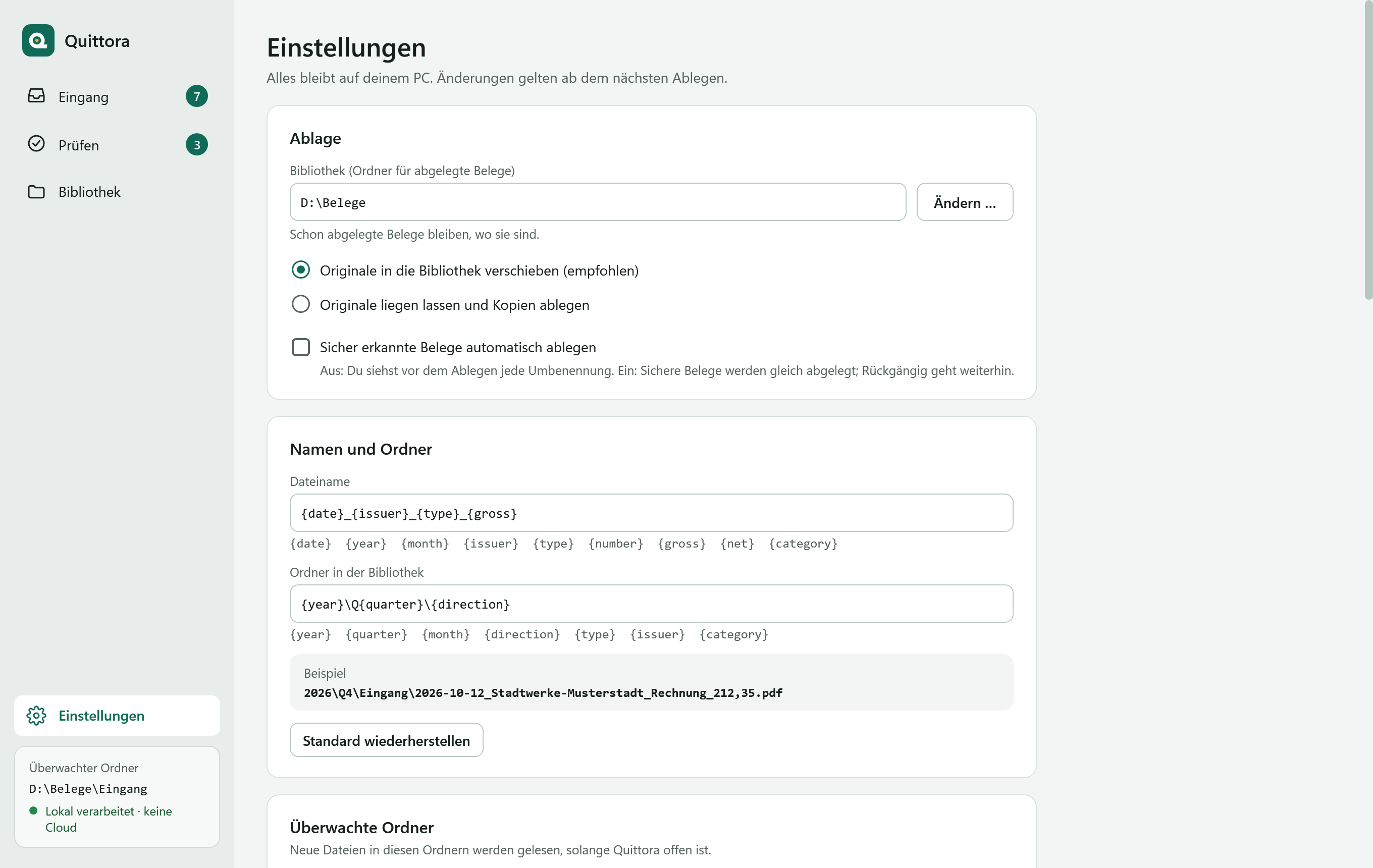 Einstellungen von Quittora: Bibliotheksordner, Originale verschieben oder kopieren, Vorlagen für Dateiname und Ordner mit dem Beispiel „2026\Q4\Eingang\2026-10-12_Stadtwerke-Musterstadt_Rechnung_212,35.pdf“ und überwachte Ordner.